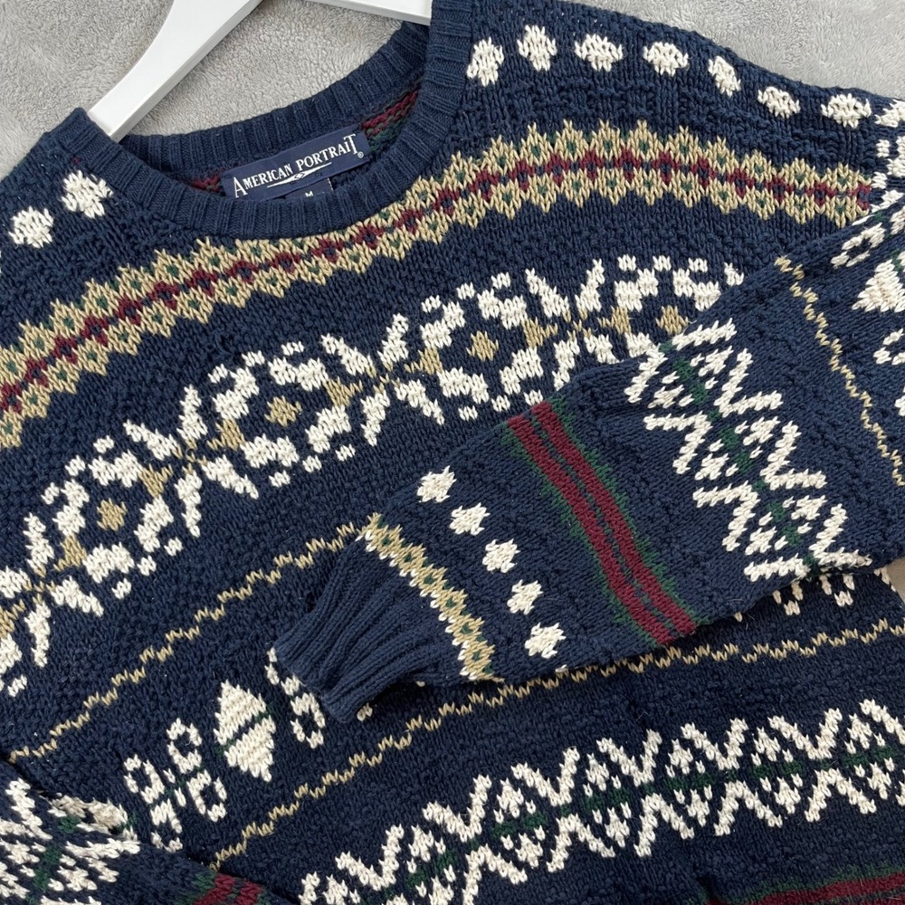 Vtg American‎ Portrait Mens Knit Sweater M Nordic Blue Fair Isle USA Cotton